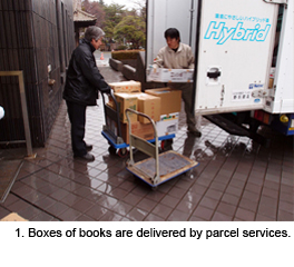 1. Boxes of books are delivered by parcel services. 