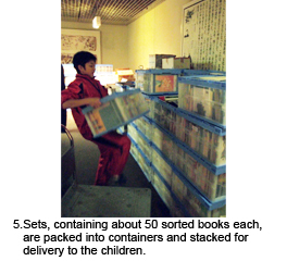 5. Sets, containing about 50 sorted books each, are packed into containers and stacked for delivery to the children. 