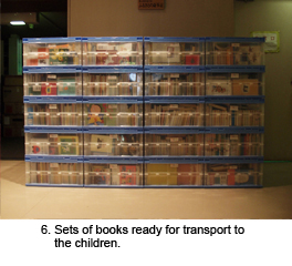 子どもたちに届けるため、車に積みこむ準備を6. Sets of books ready for transport to the children. します